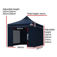 Gazebo Pop Up Marquee 3 x 3m Folding Wedding Tent - Navy