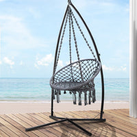 Gardeon Hammock Chair with Steel Stand Macrame Outdoor Swinging Grey