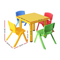 60 x 60cm Kids Children Activity Study Desk -  Yellow Table & 4 Mixed Colour Chairs