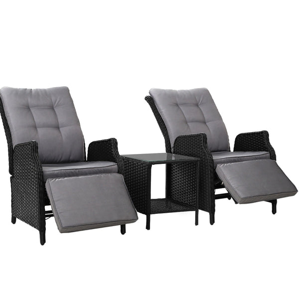 Gardeon 3PC Recliner Chairs Table Sun lounge Outdoor Furniture Wicker Adjustable Black