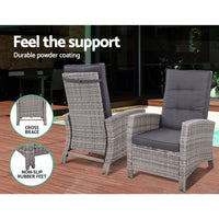 Gardeon 3PC Recliner Chairs Table Sun lounge Wicker Outdoor Furniture Adjustable Grey