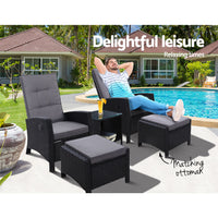 Gardeon 5PC Recliner Chairs Table Sun lounge Wicker Outdoor Furniture Adjustable Black
