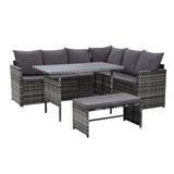9 Seater Outdoor Wicker Dining Sofa Set with Storage Cover - Grey