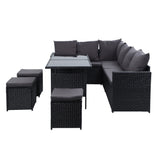 9 Seater Outdoor Wicker Dining Sofa Set with Storage Cover - Black