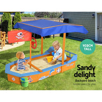 Keezi Kids Sandpit Wooden Boat Sand Pit with Canopy Bench Seat Beach Toys 150cm