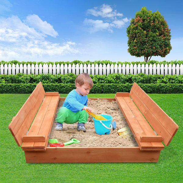 Keezi Kids Sandpit Wooden Sandbox Sand Pit Foldable Seat Outdoor Beach Toys 90cm