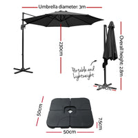 Instahut 3m Outdoor Umbrella w/Base Cantilever Beach Roma 360 Degree Tilt Black