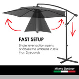 Milano Outdoor 3 Metre Cantilever Umbrella UV Sunshade Garden Patio Deck - Charcoal