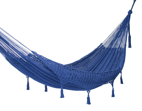 Outdoor undercover cotton Mayan Legacy hammock with hand crocheted tassels King Size Blue