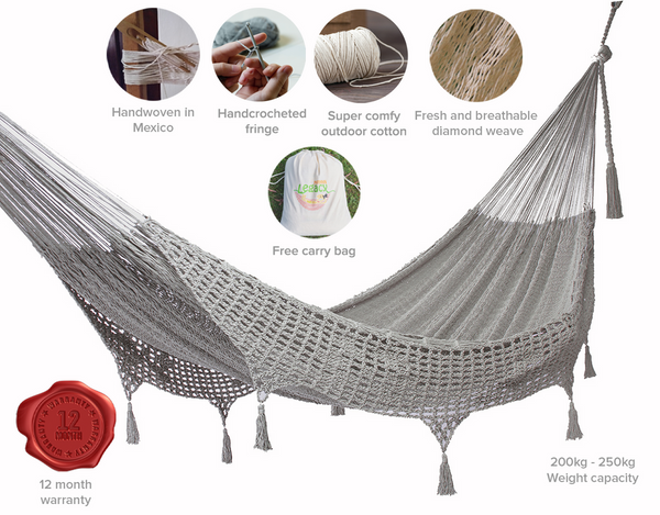 Outdoor undercover cotton Mayan Legacy hammock with hand crocheted tassels King Size Dream Sands