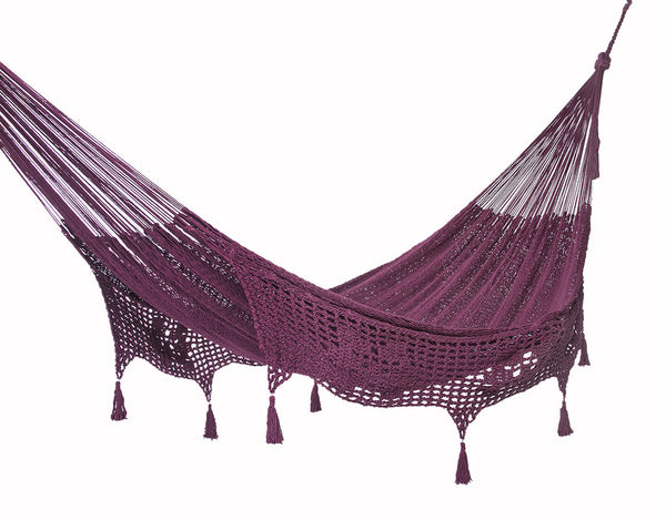 Outdoor undercover cotton Mayan Legacy hammock with hand crocheted tassels King Size Maroon