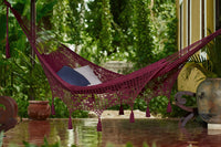 Outdoor undercover cotton Mayan Legacy hammock with hand crocheted tassels King Size Maroon