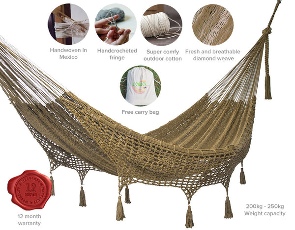Outdoor undercover cotton Mayan Legacy hammock with hand crocheted tassels Queen Size Cedar